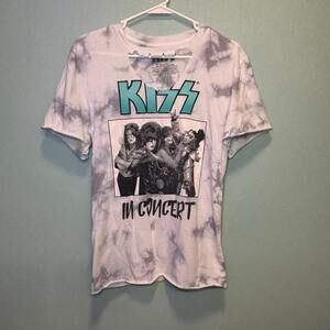 Women's KISS White Grey Tie-Dye Teal Logo In Concert Short Sleeve Tee S